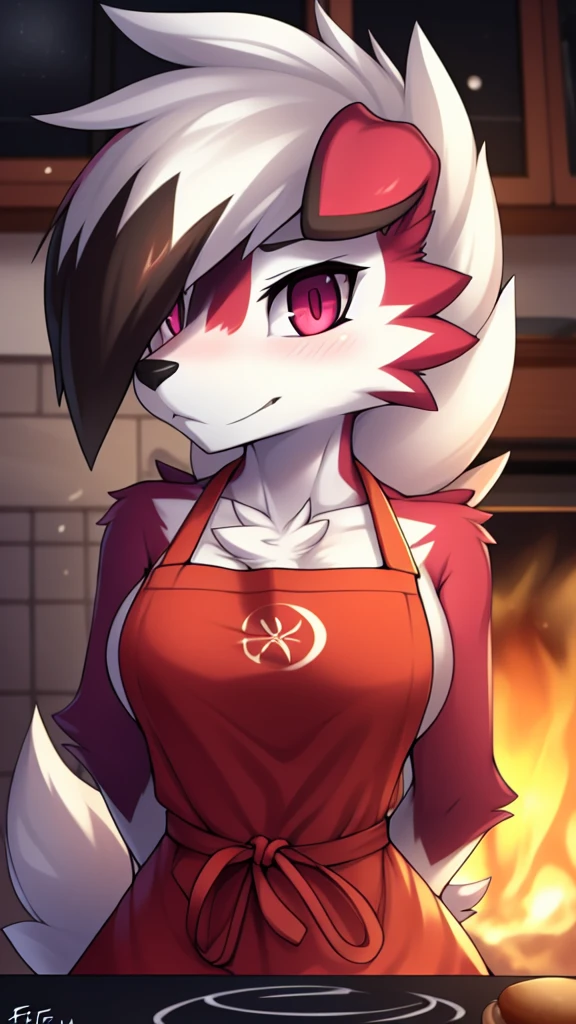 By zinfyu,by twistedscarlet60, uploaded on pixiv, by fluff-kevlar, (masterpiece), (best quality), (solo female:1.2), (extremely detailed:1.3),(detailed eye,black circle on eye,pink eye), lycanroc midnight, view on viewer, close view, shy face, half body on potrait, only body and head, close view, wearing cooking apron,in kitchen, serving many food, (tail:1.1), closeup photo of lycanroc