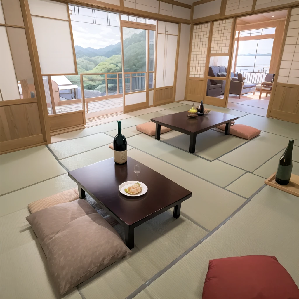 best quality, ultra-detailed, illustration,
ryokan, scenery, table, plate, cup, food, architecture, tree, chair, indoors, cushion, tatami, lamp, alcohol, bottle, drinking glass, pillow, plant, zabuton, bowl, sliding doors, wooden floor, window, sky, realistic, photo (medium), photo background