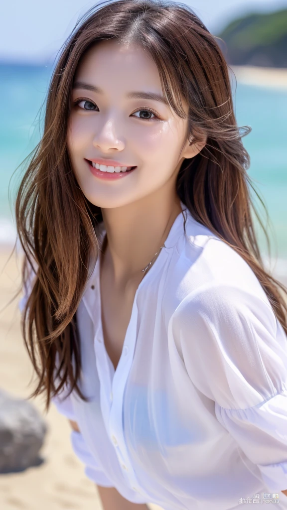 Tabletop、(Highest quality、4K、8K、High resolution、Masterpiece: 1.2)、Super detailed、(Real、Photorealistic、Photorealistic: 1.37)、Full Body Shot、Complex and beautiful eyes、woman、long hair、Natural color lip、whiteＴshirt、Bold and sexy pose、smile、Ocean、 year old girl、A cute and sexy shot looking straight at the camera。