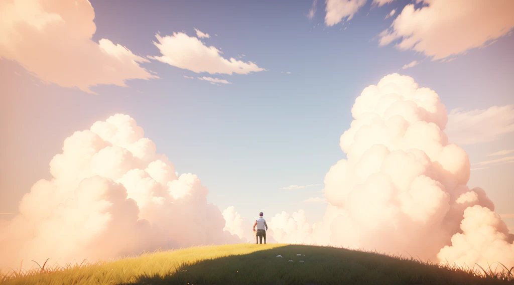 Blue sky and white clouds,Game architecture design, Cartoon,,casual game style, ,C4D,,masterpiece,Super Detail,Best quality,grassland,it's clear,Blue sky and white clouds,Many clouds,Light,黄绿色的grassland,3d,C4D,high quality,unmanned,