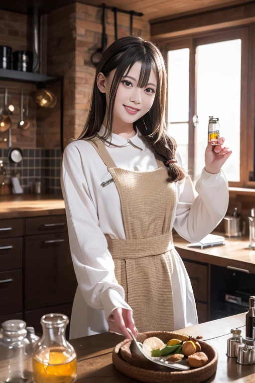 (fantasy:1.5),(anime,8k,masterpiece, top quality, best quality,beautiful and aesthetic:1.2,professional illustrasion:1.1,ultra detail:1.3,perfect lighting),extremely detailed,highest detailed,incredibly absurdres , highres, ultra detailed,intricate:1.6,(Alchemy Workshop:1.4),(A girl mixing Medicine in many small bottles:1.4,holding small potion),colorful:1.4,zentangle,(highly detailed beautiful face and eyes,firm breasts),oily skin,(brown hair and long pony tail hair)),thin pubic hair:1.2 cute, and lovery 17 years old girl,alchemist costume,random Clothing,smile,in the kitchen,smile,seductive smiling,(with sparkling eyes and a contagious smile), Looking at Viewer,
