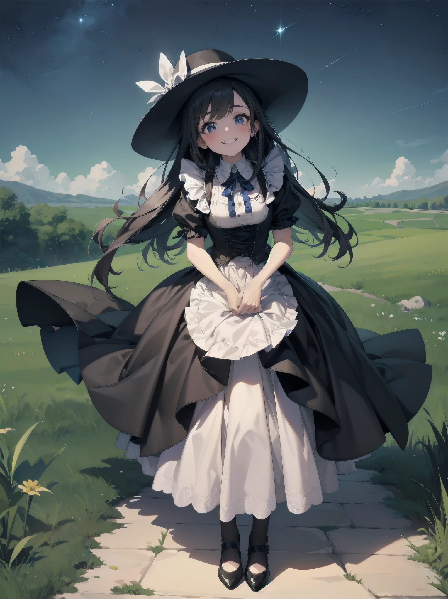 A serene outdoor scene unfolds at dusk, with a brilliant blue sky transitioning into a canvas of twinkling stars. A beautiful young girl, dressed in a stunning white and black gothic maid dress adorned with a navy blue ribbon, stands amidst lush green grass. Her companion, a delightful toddler, dons a charming maid hat with ruby accessories, complemented by black stockings and shoes. The little one beams with joy, smiling brightly as they gaze up at the celestial display together