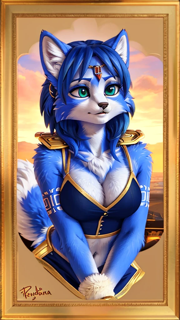 A beautiful and detailed (sweet portrait) wa ((Krystal)), Star Fox Krystal, sslim, lovable, green eyes, medium breasts, (((Long blue hair 1.3))), Decollete, anthro, furry, Uploaded E621, detailed fluffy fur, (wa Fluff-Kevlar, Bayard Wu, Personalami, Pino Daeni), detailed face, (fluffy), 1 girl, alone, sweet girl, 
