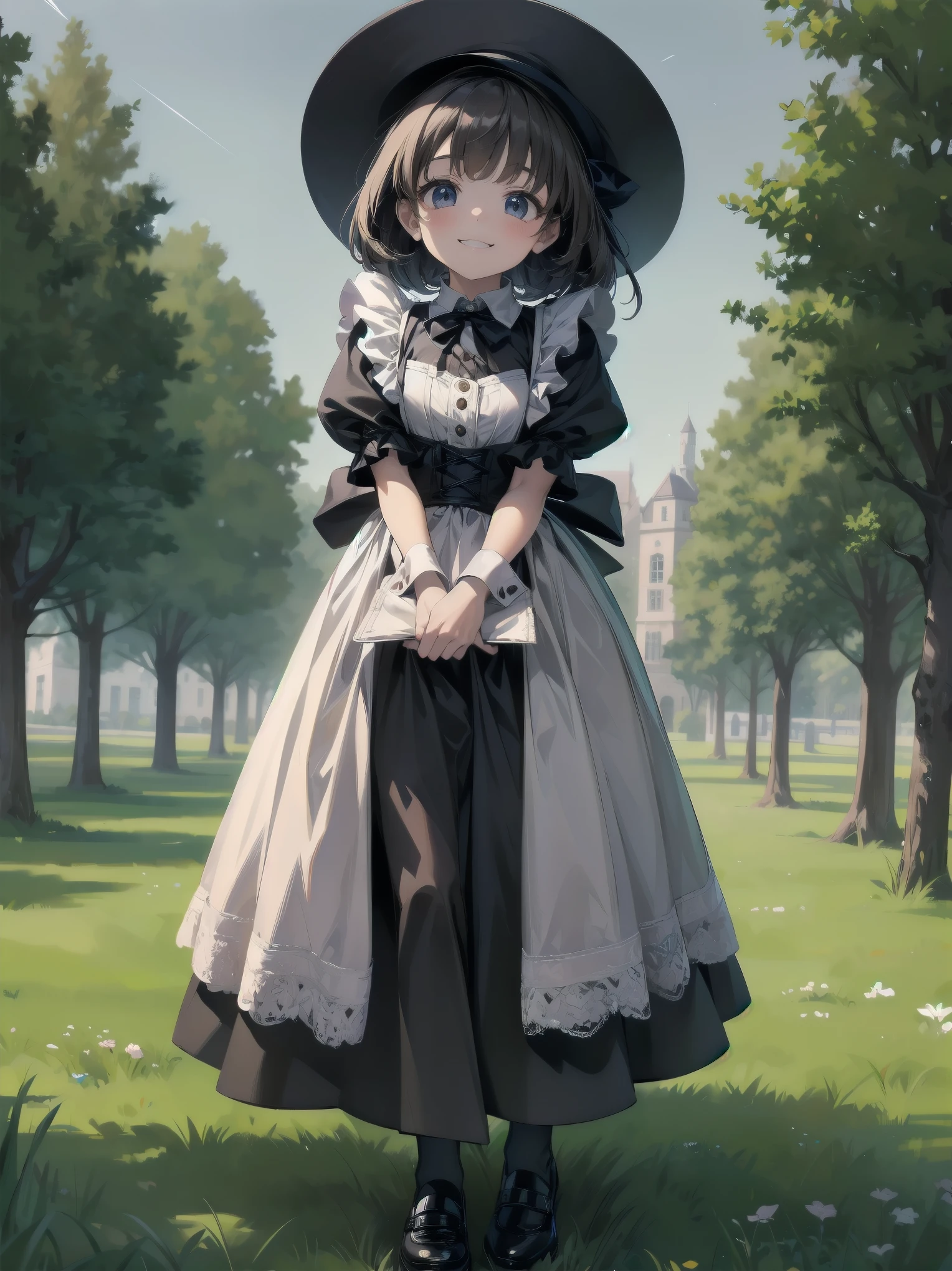 A serene outdoor scene unfolds at dusk, with a brilliant blue sky transitioning into a canvas of twinkling stars. A beautiful young girl, dressed in a stunning white and black gothic maid dress adorned with a navy blue ribbon, stands amidst lush green grass. Her companion, a delightful toddler, dons a charming maid hat with ruby accessories, complemented by black stockings and shoes. The little one beams with joy, smiling brightly as they gaze up at the celestial display together