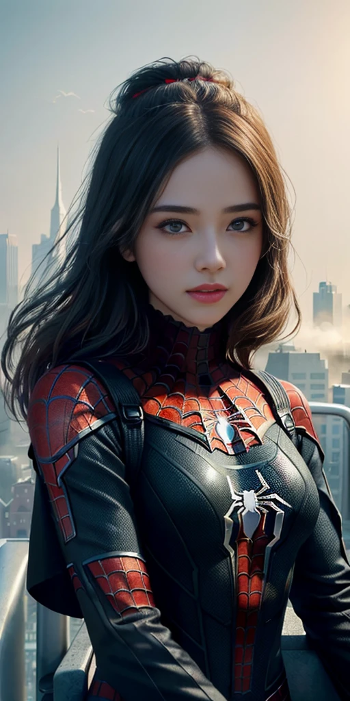 (1girl:1.3), Solo, (((Very detailed face)))), ((Very detailed eyes and face)))), Beautiful detail eyes, Body parts__, Official art, Unified 8k wallpaper, Super detailed, beautiful and beautiful, beautiful, masterpiece, best quality, original, masterpiece, super fine photo, best quality, super high resolution, realistic realism, sunlight, full body portrait, amazing beauty, dynamic pose, delicate face, vibrant eyes, (from the front), She wears Spider-Man suit, red and black color scheme, spider, very detailed city roof background, rooftop, overlooking the city, detailed face, detailed complex busy background, messy, gorgeous, milky white, highly detailed skin, realistic skin details, visible pores, clear focus, volumetric fog, 8k uhd, DSLR, high quality, film grain, fair skin, photo realism, lomography, futuristic dystopian megalopolis, translucent