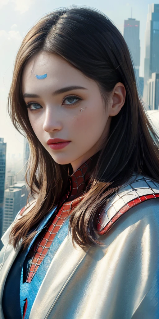 (1girl:1.3), Solo, (((Very detailed face)))), ((Very detailed eyes and face)))), Beautiful detail eyes, Body parts__, Official art, Unified 8k wallpaper, Super detailed, beautiful and beautiful, beautiful, masterpiece, best quality, original, masterpiece, super fine photo, best quality, super high resolution, realistic realism, sunlight, full body portrait, amazing beauty, dynamic pose, delicate face, vibrant eyes, (from the front), She wears Spider-Man suit, red and black color scheme, spider, very detailed city roof background, rooftop, overlooking the city, detailed face, detailed complex busy background, messy, gorgeous, milky white, highly detailed skin, realistic skin details, visible pores, clear focus, volumetric fog, 8k uhd, DSLR, high quality, film grain, fair skin, photo realism, lomography, futuristic dystopian megalopolis, translucent