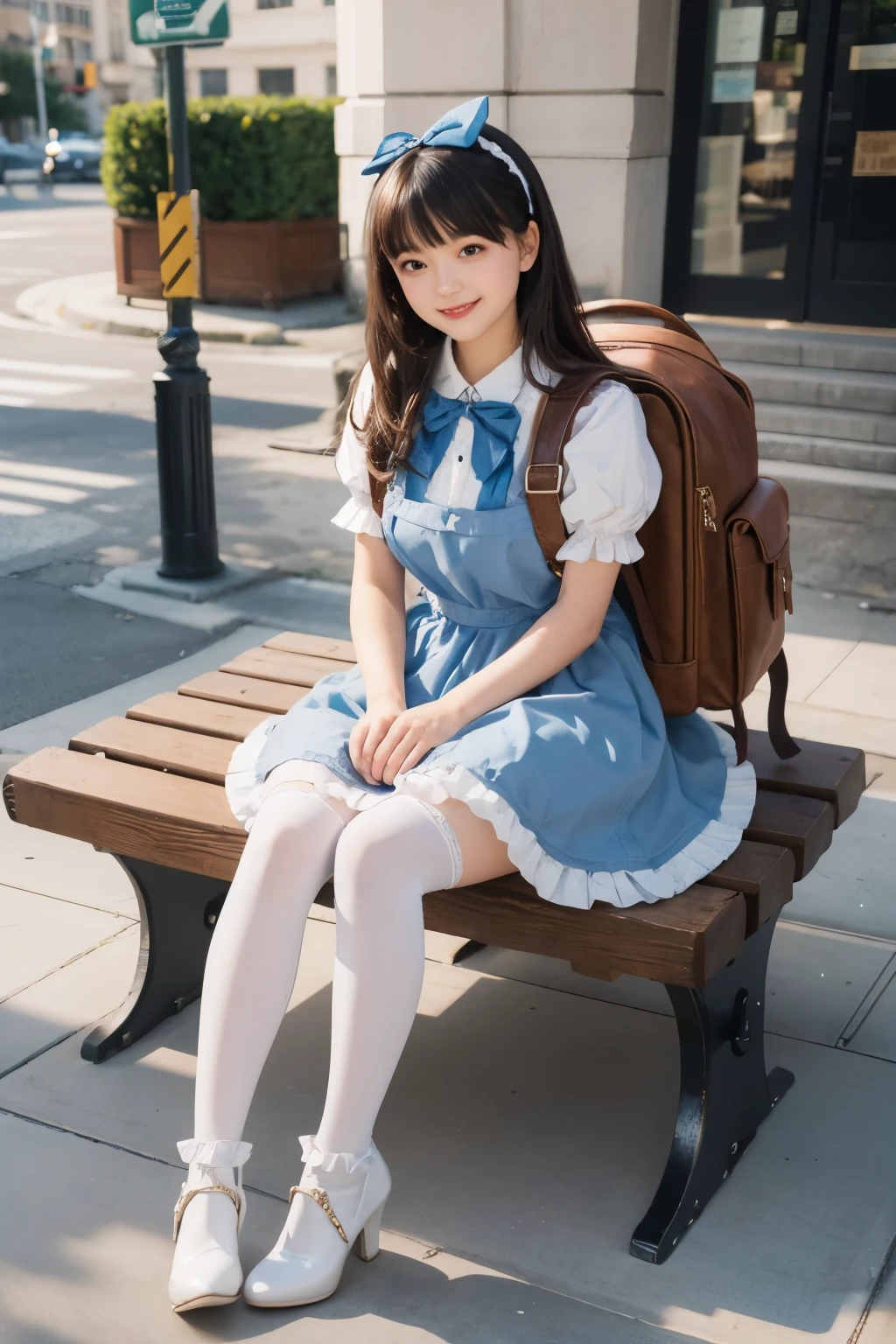 best quality, quality, masterpiece, realistic, 1girl, solo, full body, standing, long hair, straight hair, blunt bangs, looking at viewer, smile, blue dress,lolita dress, shiny dress, bow, apron, frills, puffy short sleeves, hair ornament, white thighhighs, white long socks, fullbody, Sitting, Sitting on bench, white high heels boots, colorful dress, street, wearing travel backpack, (backpack:1.2)