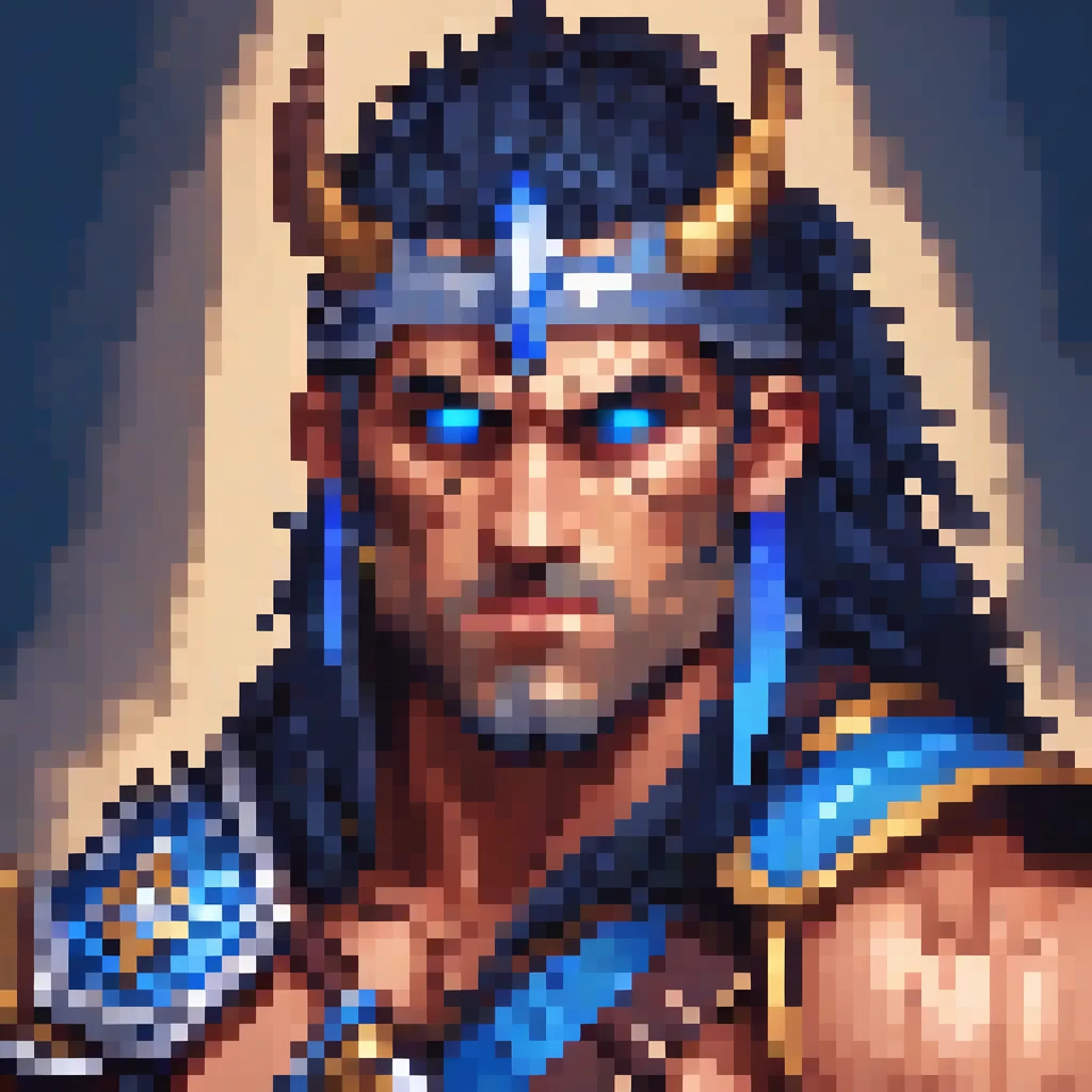barbarian male portrait, detailed eyes, , extremely detailed face and features, battle crazy powers, blue accents ,leather armor,, intricate pixel art style, highly detailed, masterpiece, 8k, photorealistic, portrait, fantasy, magical, ethereal, cinematic lighting, dramatic contrast, vivid colors, digital painting