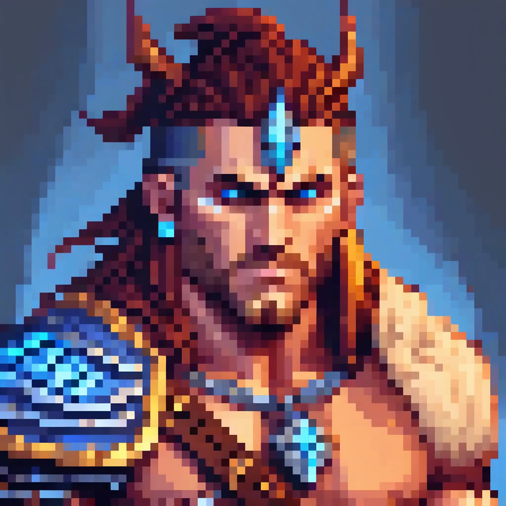 barbarian male portrait, detailed eyes, , extremely detailed face and features, battle crazy powers, blue accents ,leather armor,, intricate pixel art style, highly detailed, masterpiece, 8k, photorealistic, portrait, fantasy, magical, ethereal, cinematic lighting, dramatic contrast, vivid colors, digital painting