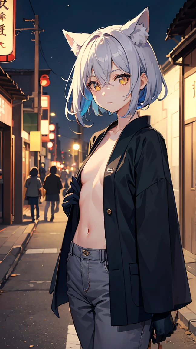 Colorful, 1girl, (blue gloves, blue t-shirt, black shirt, open shirt, glowing eyes) , confidence, long wild hairstyle, hair between eyes ,gray hair, yellow eyes, wolf ears, small breast, tomboy, wallpaper, landscape, depth of field, noon, city, street, walking, pov from front, light particles, light rays, sidelighting, (japanese school pants:1.2)