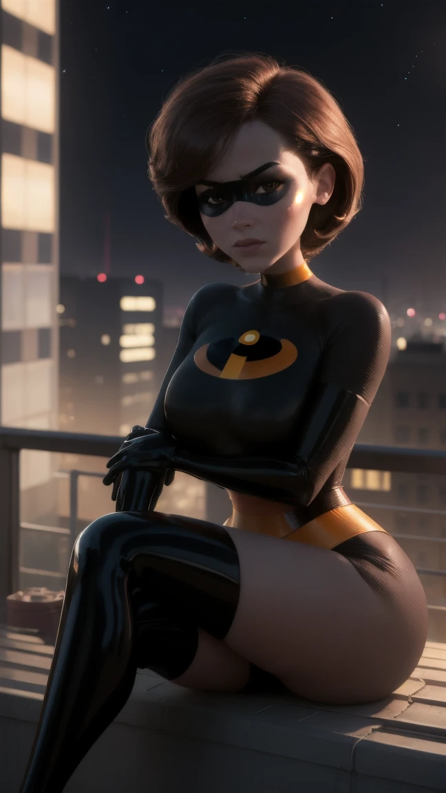 masterpiece, best quality, outdoors, lens flare, depth of field, 1girl, solo, looking at viewer, breasts, helenparr, domino mask, mask, bodysuit, elbow gloves, thighhighs, thigh boots, sitting, rooftop, night sky, crossed legs