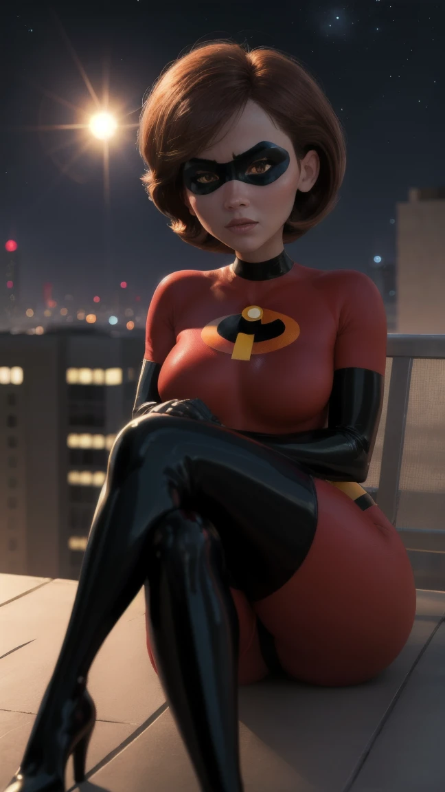 masterpiece, best quality, outdoors, lens flare, depth of field, 1girl, solo, looking at viewer, breasts, helenparr, domino mask, mask, bodysuit, elbow gloves, thighhighs, thigh boots, sitting, rooftop, night sky, crossed legs