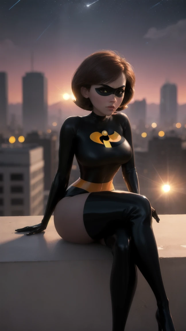 masterpiece, best quality, outdoors, lens flare, depth of field, 1girl, solo, looking at viewer, breasts, helenparr, domino mask, mask, bodysuit, elbow gloves, thighhighs, thigh boots, sitting, rooftop, night sky, crossed legs