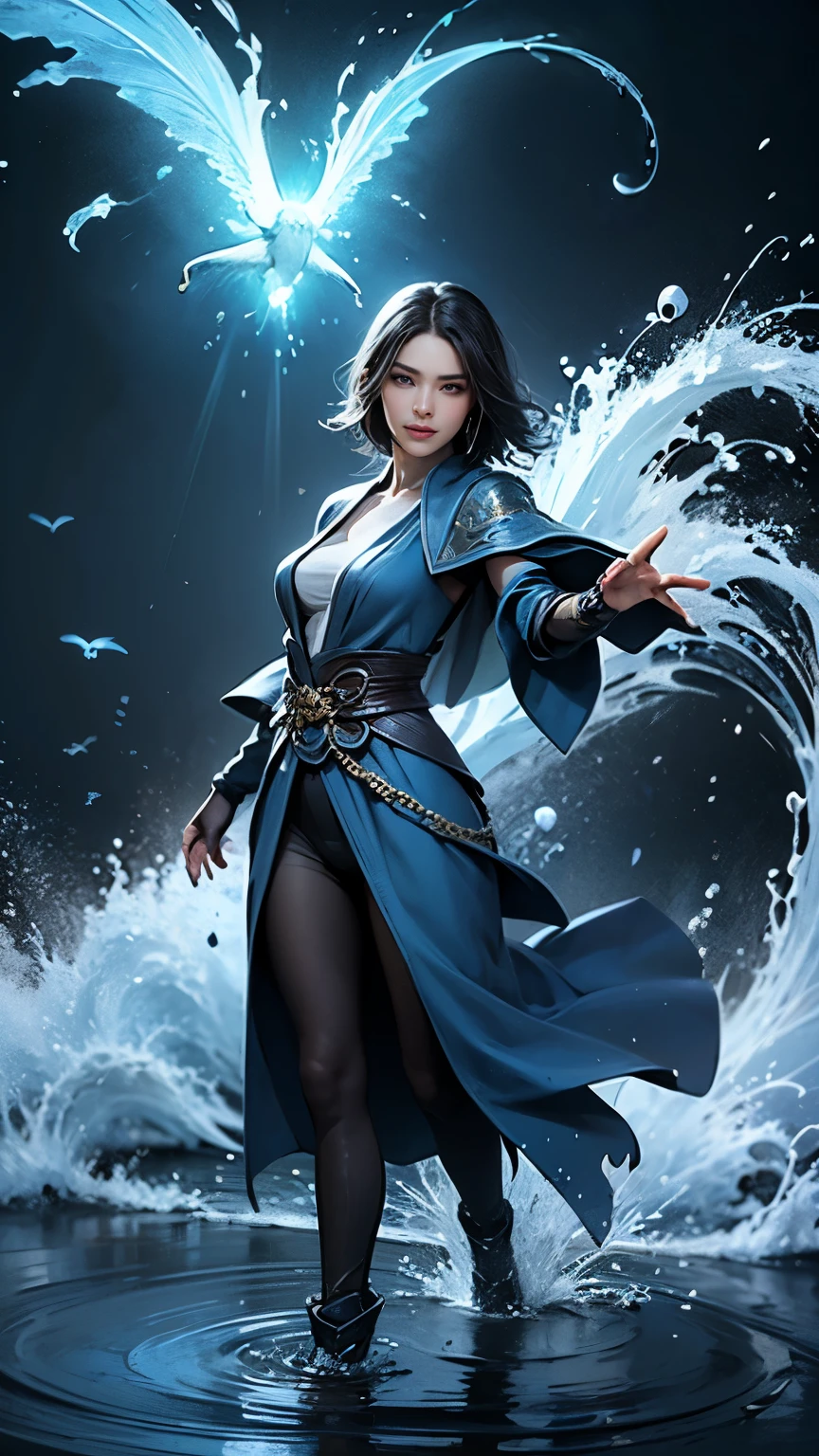 (tmasterpiece,best qualtiy:1.4),(hoang lap,A high resolution,hyper-detailing:1.2),(1 wife:1.4),(using dark magic:1.4),(Water magic),(Witch suit),Playful illustration,Imaginative overlays,artistic fusion,Fantastic scenes,evocative narratives,striking visual effects,The upper part of the body,