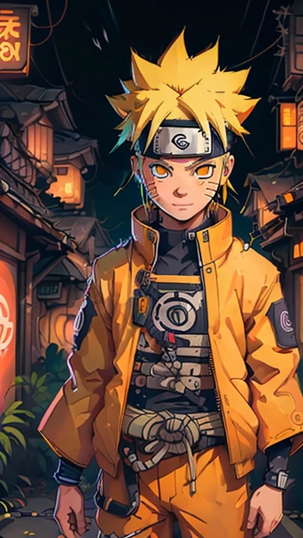 best quality,masterpiece,1boy,solo,(((13years old))),japanese boy,an extremely cute and handsome boy,highly detailed beautiful face and eyes,petit,cute face,lovely face,baby face,shy smile,show teeth, Yellow hair,flat chest,skinny,slender,(((Wearing a Uzumaki Naruto costume))),(((standing in Dark Midnight Neon Glow light Cyberpunk Konoha Village))),he is looking at the viewer,