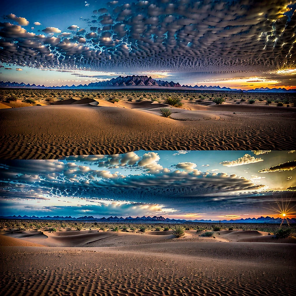 desert, few brush, oases, dark cloud, dawn,