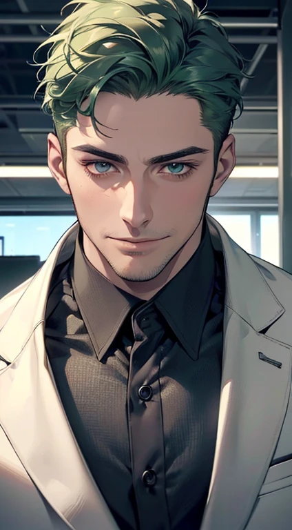 (best quality,4k,8k,highres,masterpiece:1.2),ultra-detailed,(realistic,photorealistic,photo-realistic:1.37),1 man,31 years old,mature man,very handsome,without expression,smile,short green hair,blue eyes,penetrating gaze,perfect face without errors,imposing posture,businessman,office background,cinematic lighting,hdr image