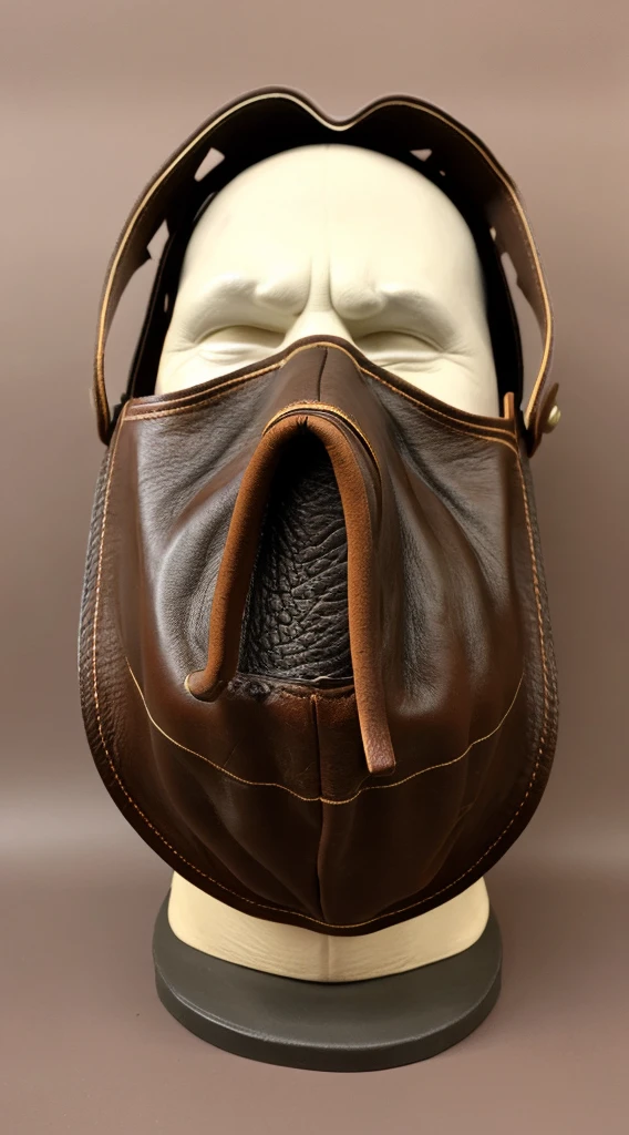 A realistic, detailed leather mask inspired by Leatherface from The Texas Chainsaw Massacre, isolated on a plain background, showing only the mask with no character or face,A mask made of human facial leather,Aged mask