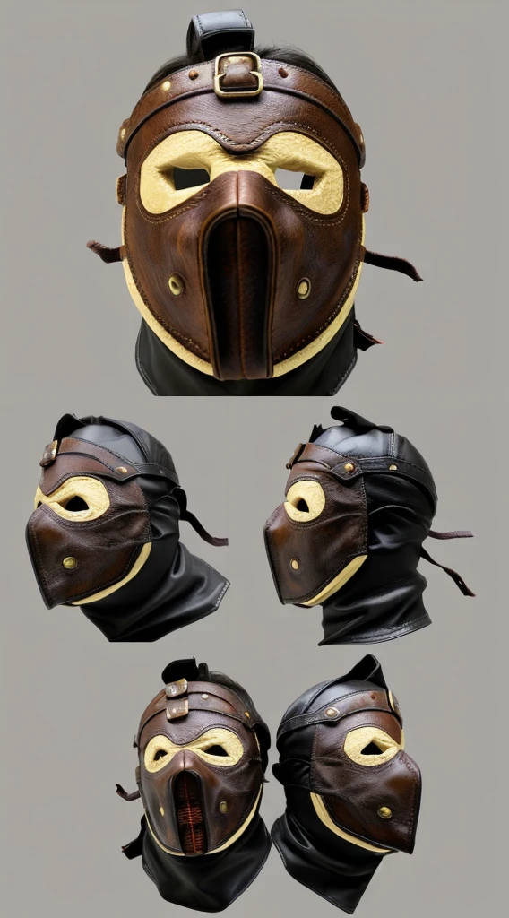 A realistic, detailed leather mask inspired by Leatherface from The Texas Chainsaw Massacre, isolated on a plain background, showing only the mask with no character or face,A mask made of human facial leather,Aged mask