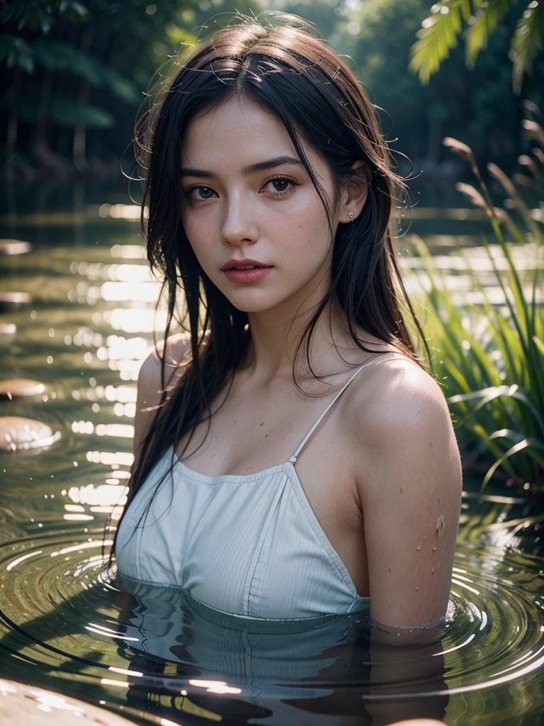close up portrait of a cute woman (gldot) bathing in a river, reeds, (backlighting), realistic, masterpiece, highest quality, lens flare, shade, bloom, [[chromatic aberration]], by Jeremy Lipking, by Antonio J. Manzanedo, digital painting,