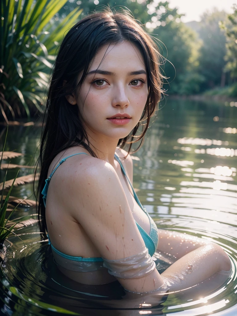 close up portrait of a cute woman (gldot) bathing in a river, reeds, (backlighting), realistic, masterpiece, highest quality, lens flare, shade, bloom, [[chromatic aberration]], by Jeremy Lipking, by Antonio J. Manzanedo, digital painting,