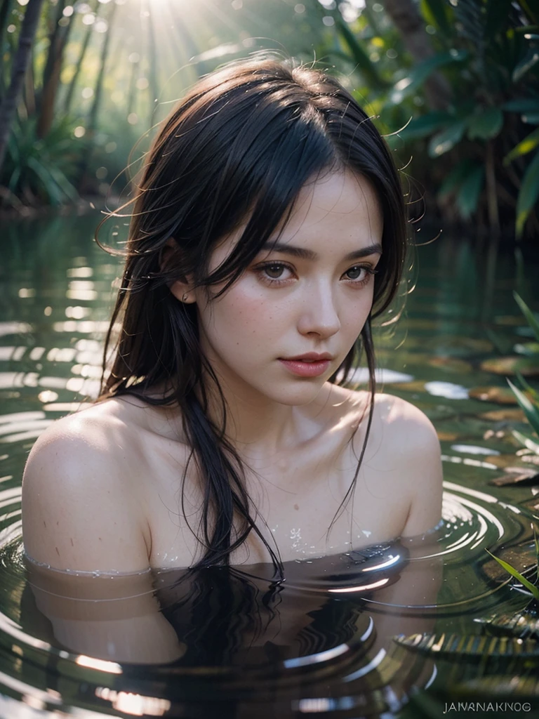 close up portrait of a cute woman (gldot) bathing in a river, reeds, (backlighting), realistic, masterpiece, highest quality, lens flare, shade, bloom, [[chromatic aberration]], by Jeremy Lipking, by Antonio J. Manzanedo, digital painting,