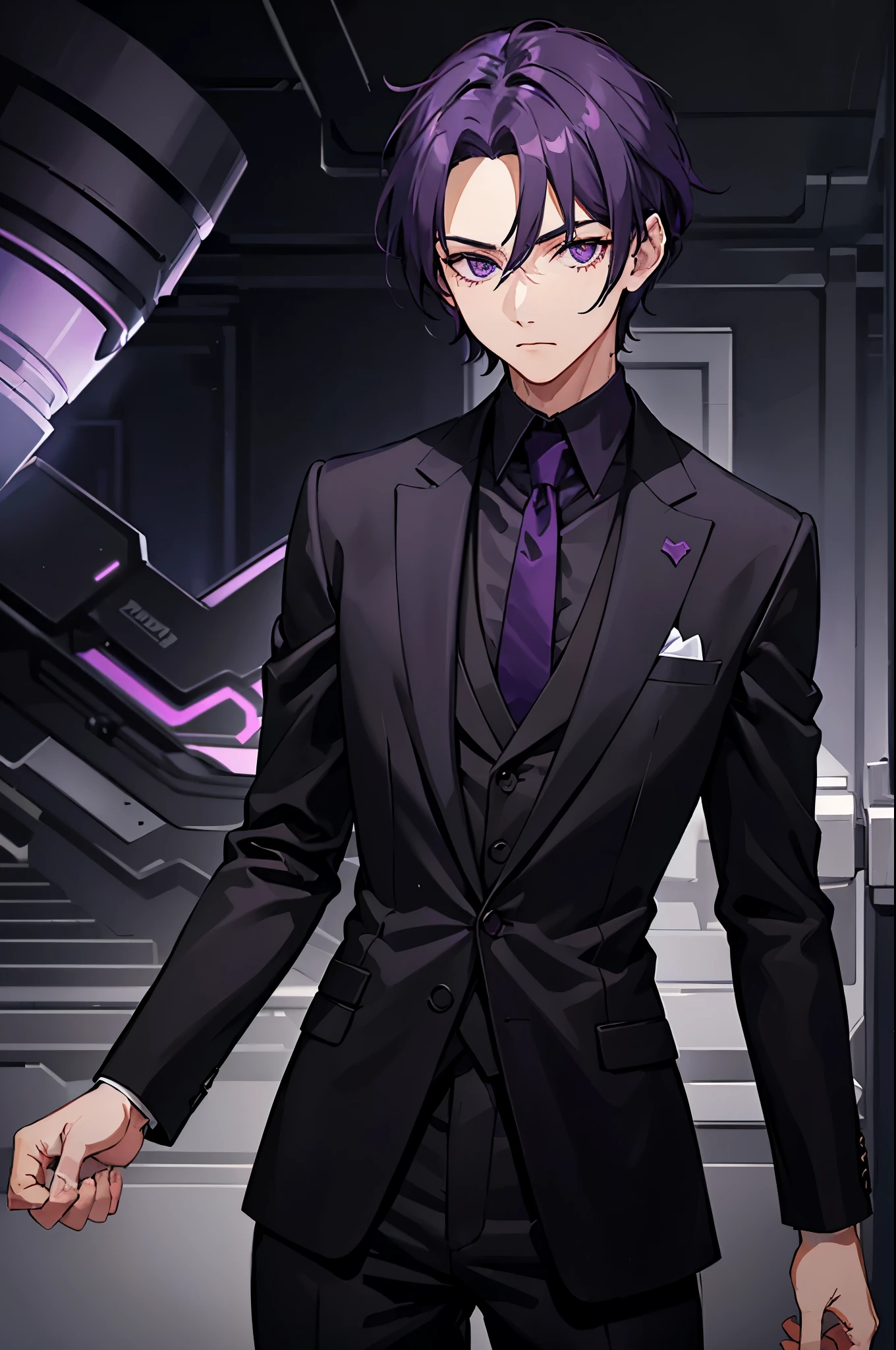 1man, dark purple hair, dark purple eyes, black suit, standing on ground, high res, ultra sharp, 8K, masterpiece
