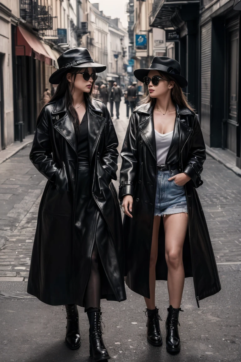 ((masterpiece, highest quality, Highest image quality, High resolution, photorealistic, Raw photo, 8K)), ((Extremely detailed CG unified 8k wallpaper)), Black and white sketch of two women having a secret conversation on a street corner, wearing black hats, black sunglasses, black trench coats, black shoes, Urban area, HD, 4K,