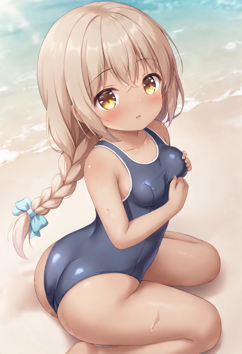 Cute beautiful girl、Budding breasts、School swimsuit、A sweet and adorable blush、Beautiful Eyes、Brown skin、Braid、Big Ass