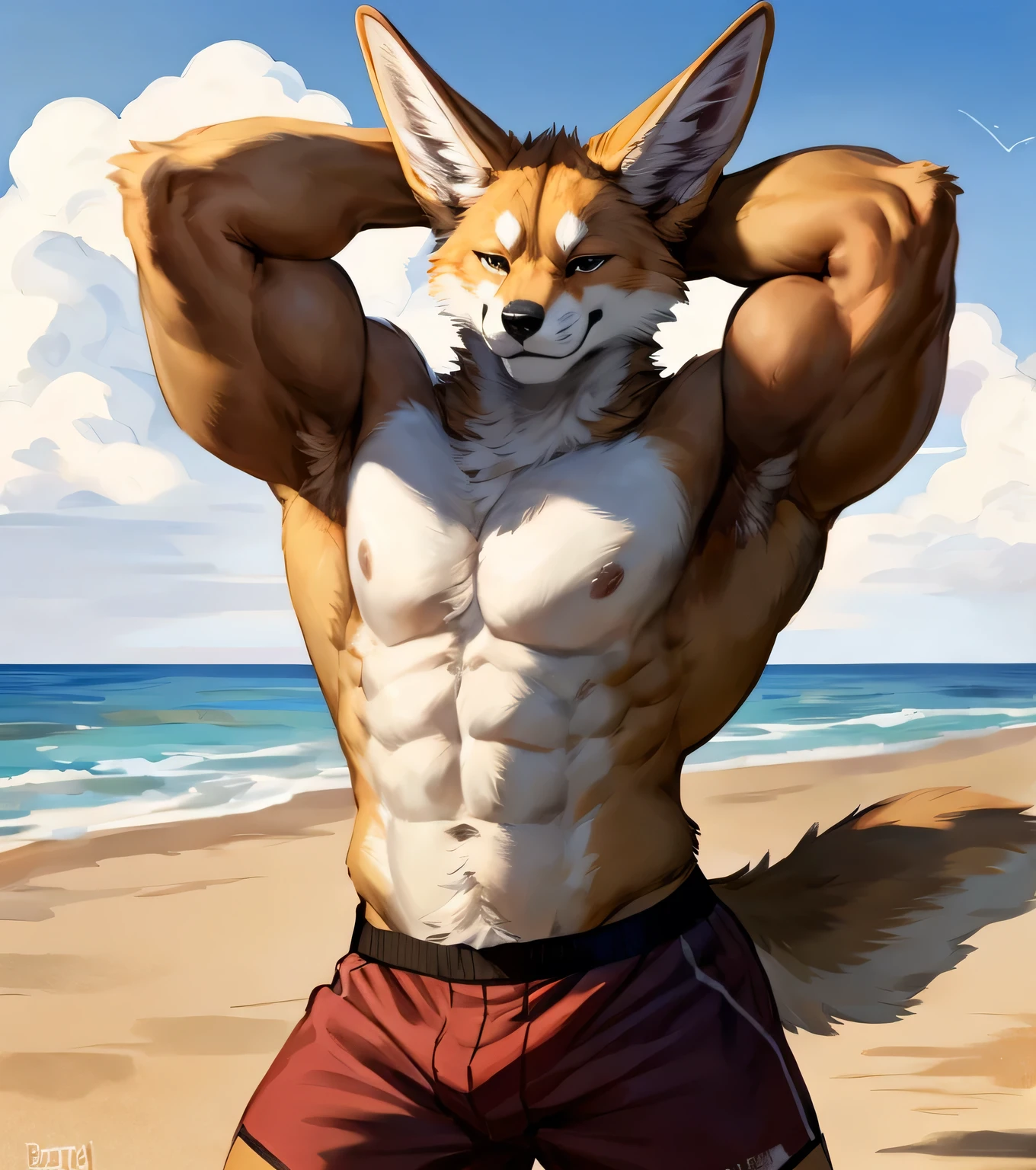 (solo,furry,anthro,hyper realistic), male, standing, smirk, smug, hands behind head, front view, hyper muscular body, massive muscles, big muscles, veiny muscles, realistic fur, Fennec, wearing ((dark red)) boxer shorts, beach, blurred background, by bebebebebe:1.2, by buta99, by foxovh, by ruan jia