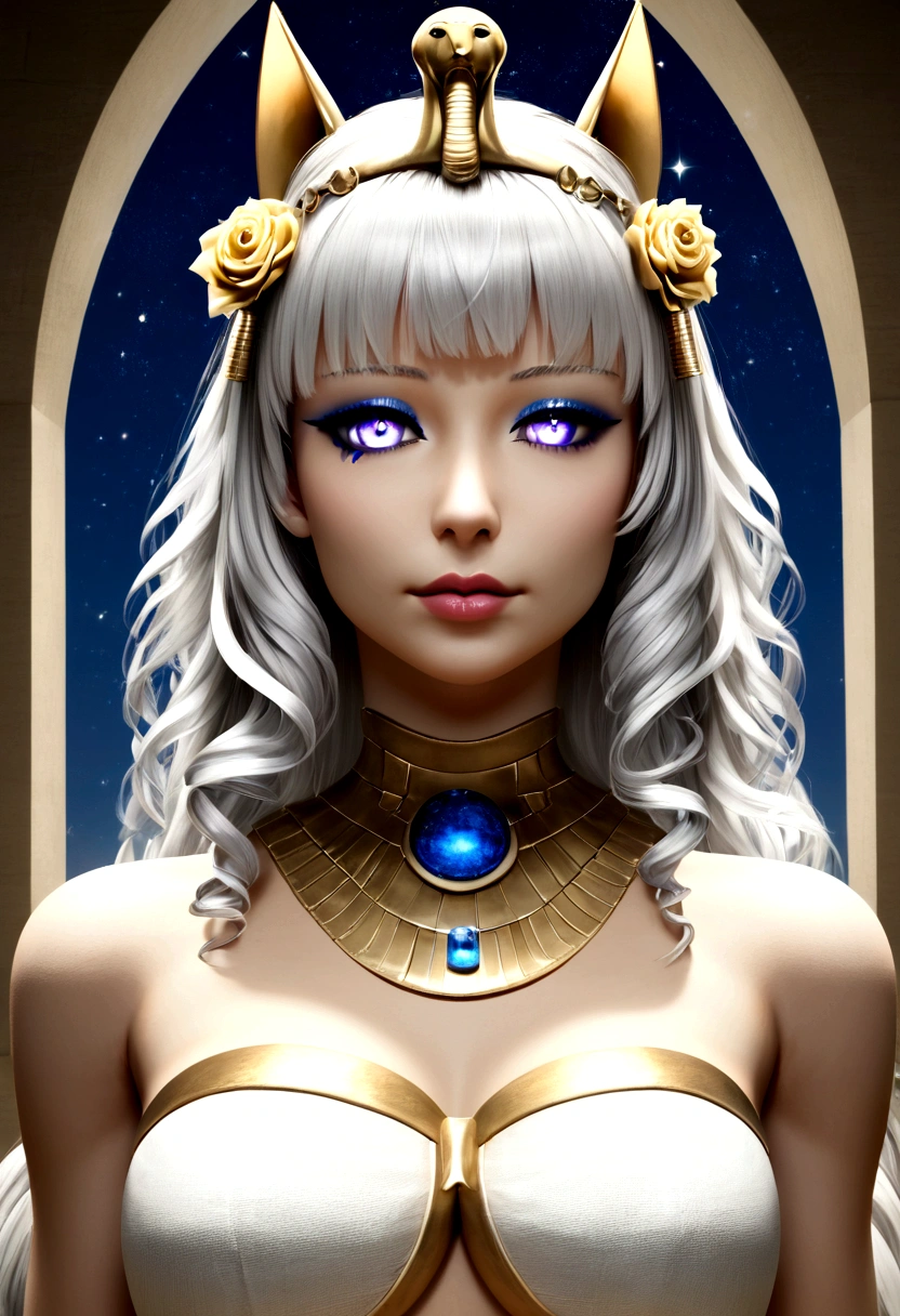 (best quality,4k,8k,highres,masterpiece:1.2),ultra-detailed,realistic,norwegian girl,white hair,white outfit,pharaoh haircut,roses in hair,detailed eyes, clothe of goddess, detailed lips,star under one eye, night background, street lamps lighting up the scene