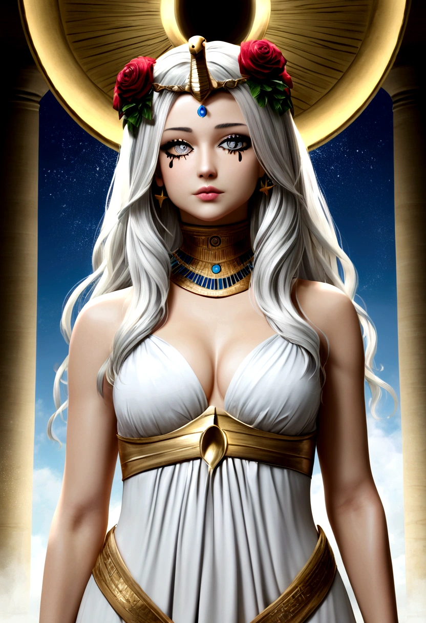 (best quality,4k,8k,highres,masterpiece:1.2),ultra-detailed,realistic,norwegian girl,white hair,white outfit,pharaoh haircut,roses in hair,detailed eyes, clothe of goddess, detailed lips,star under one eye, night background, street lamps lighting up the scene