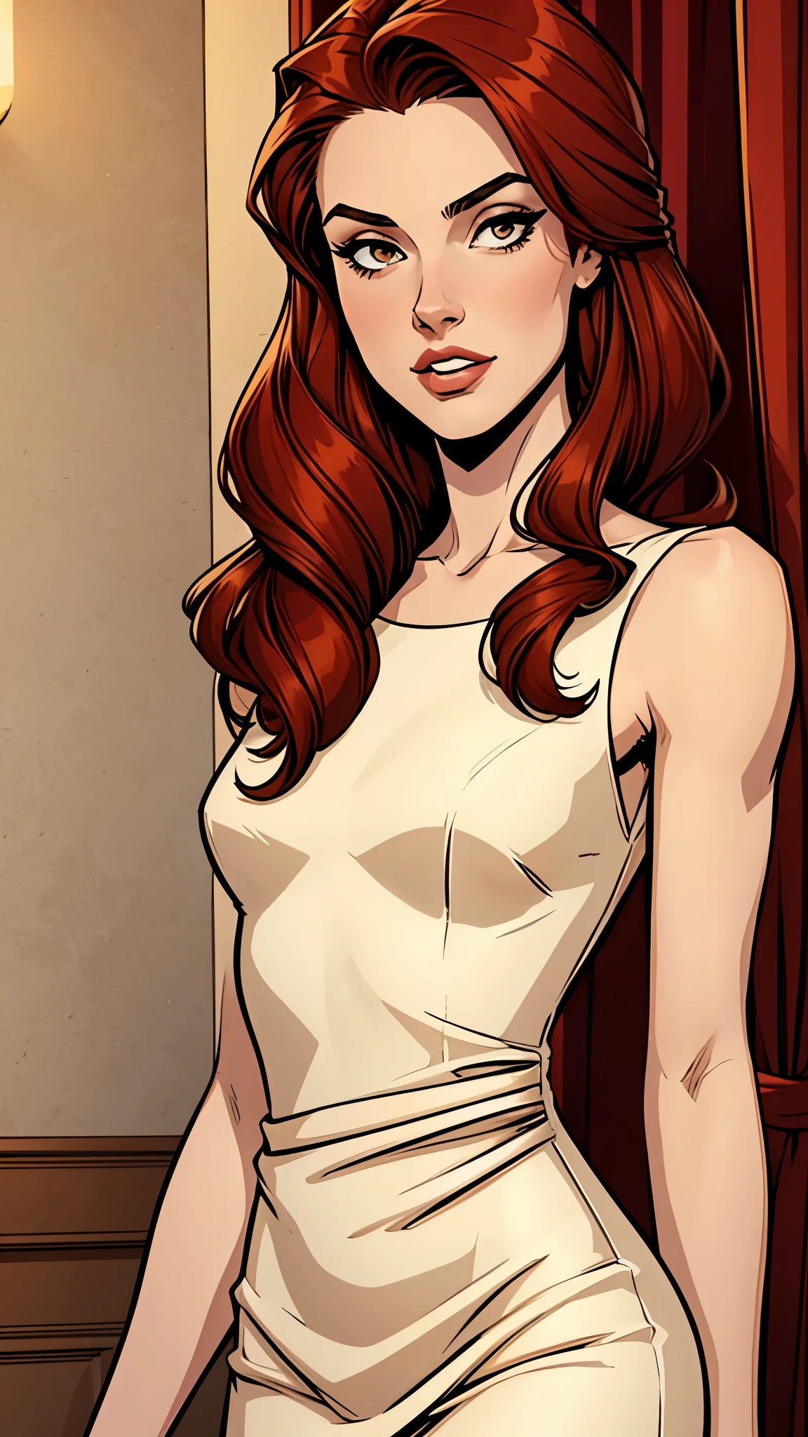brunette woman , 21 years old year old, thin and small, elegant beige dress, red hair, beauty. Comic style