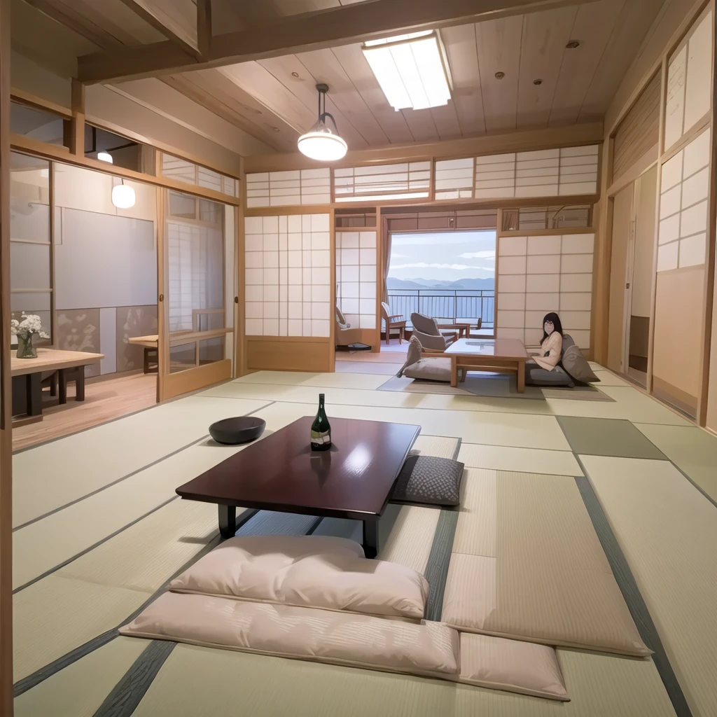 best quality, ultra-detailed, illustration, ryokan, scenery, table, plate, cup, food, architecture, tree, chair, indoors, cushion, tatami, lamp, alcohol, bottle, drinking glass, pillow, plant, zabuton, bowl, sliding doors, wooden floor, window, sky, realistic, photo (medium), photo background