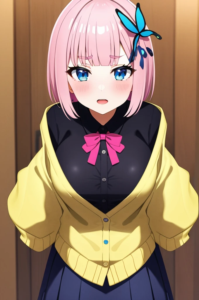 ((Best Quality)),((Very detailed)),Masterpiece,absurdities,detailed face,beautiful face,(detailed eyes, deep eyes),1,((dynamic pose)) , nino , pink hair, blue eyes, butterfly hair ornament, Love negra, Skirt, hair ornament, shirt, hits, Love, Skirt verde, shirt blanca, cardigan negro, cardigan, open clothing, cardigan abierto, blunt bangs, Diadem, , stake , breasts, Skirt plisada, Open mouth, V eyebrows, short hair, of collections, shirt con cuello, inside, Medium hair, blushing, alone, eyebrows hidden by hair, long sleeves, mirando hacia abajo tímidamente y blushing, Holding the viewer's hand, two sides up, breasts grandes, shirt de vestir, pelo bright, standing, bright, looking at the viewer, breasts medianos