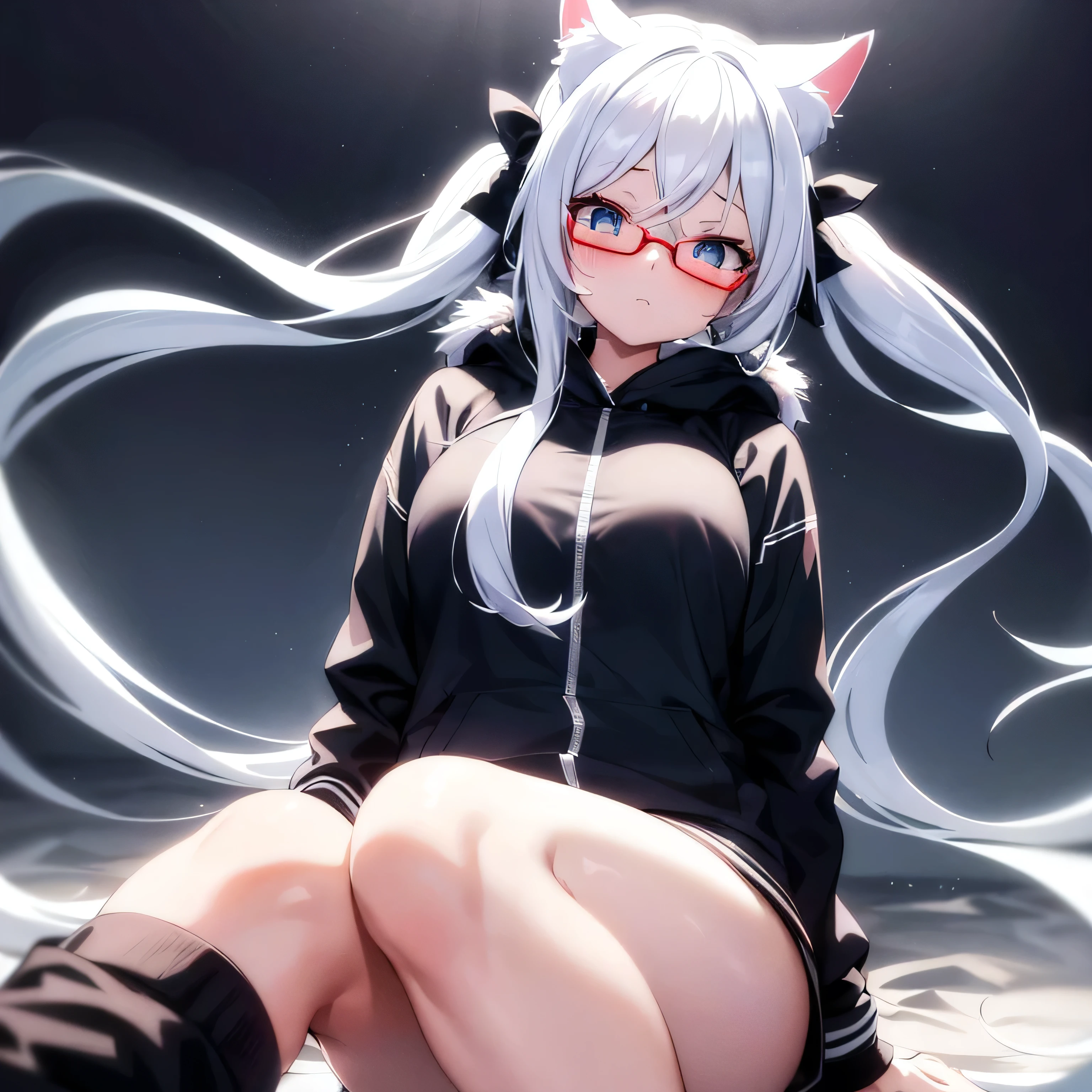 anime girl, white hair pigtails, black ribbons, blushing, blue glowing eyes, white cat ears, 8k, high res, 1 girl, good lighting, fine detail, brown fur jacket, blue jeans, glasses, red glove, (masterpiece), perfect face, best quality, looking at view