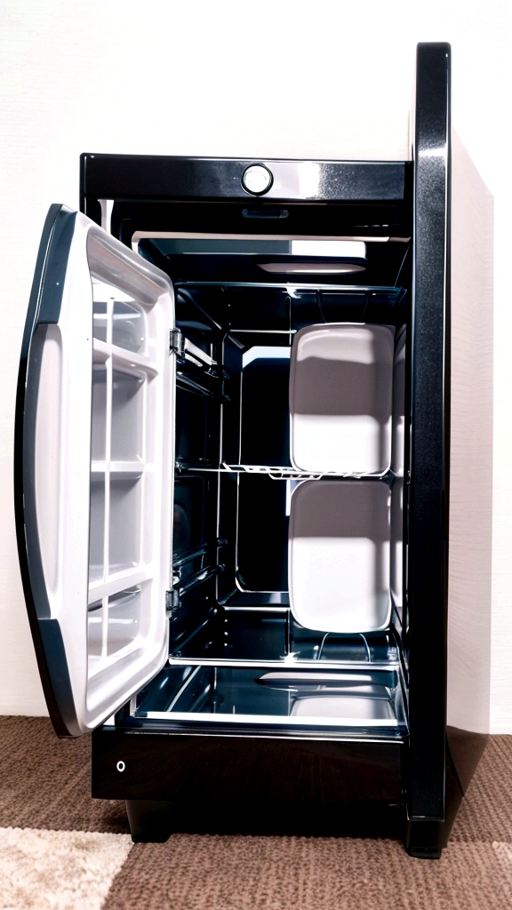Arav woman holding a tray,There is a microwave inside, Iron frame, Available images, 3D Products, product photo, Album photos, Product introduction photoss, official Product image, High-quality scans, Nice design, Wang Chen, High quality material bssrdf, Product image, Solid background, Product introduction photos, Side Angle