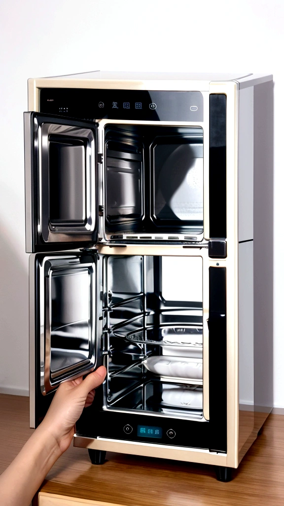 Arav woman holding a tray，There is a microwave inside, Iron frame, Available images, 3D Products, product photo, Album photos, Product introduction photoss, official Product image, High-quality scans, Nice design, Wang Chen, High quality material bssrdf, Product image, Solid background, Product introduction photos, Side Angle