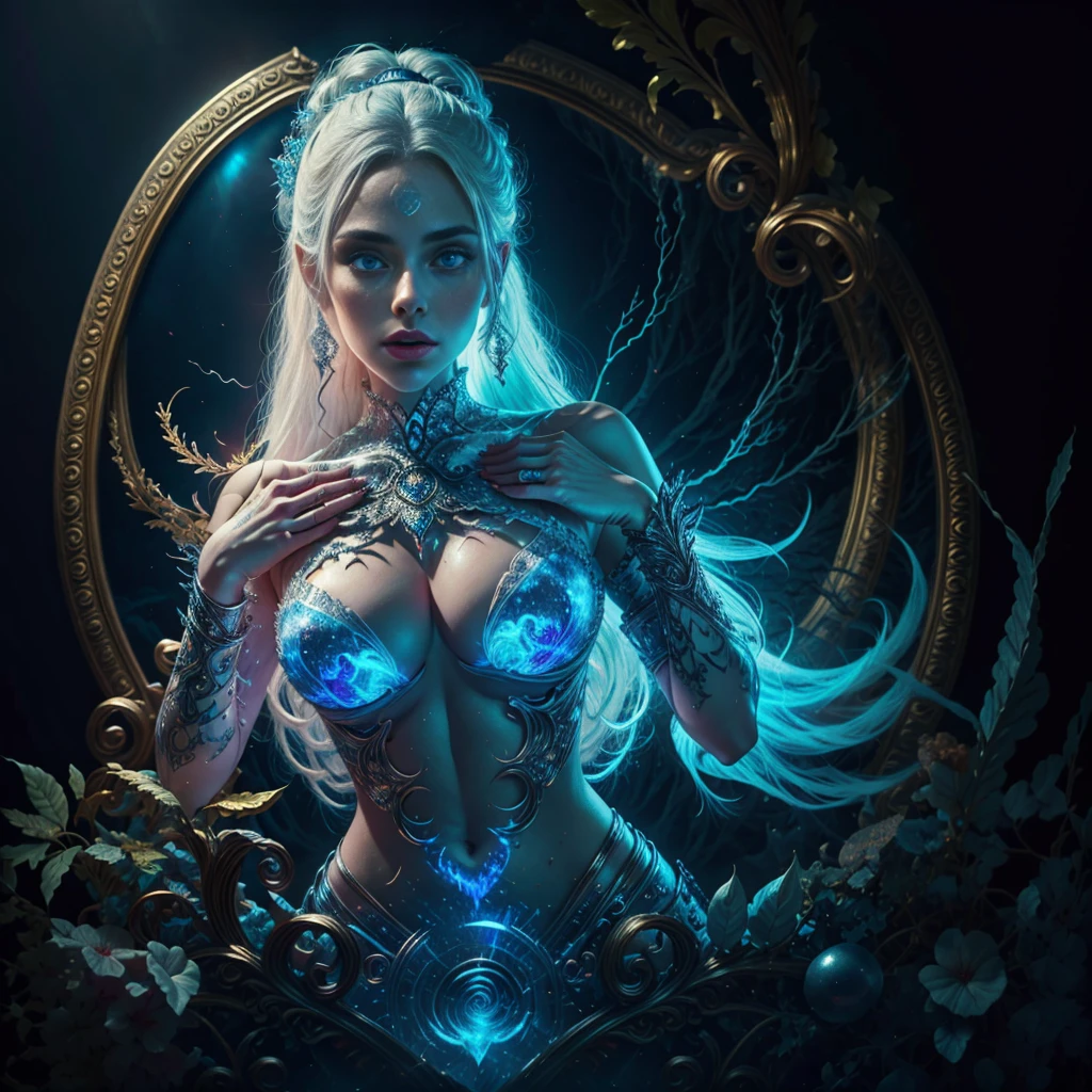 white forest background, colorful design, Aurora, mythical and fatal seduction, dynamic pose, porous white hair, big eyes, blue eyes, body covered in tattoos, red lips, dark light, bright light. mystical, thread outfit, Well detailed body, well detailed face, detailed eyes, detailed hands, strict details. tender look. perfect body, super detailed, 8k, masterpiece, vivid colors.