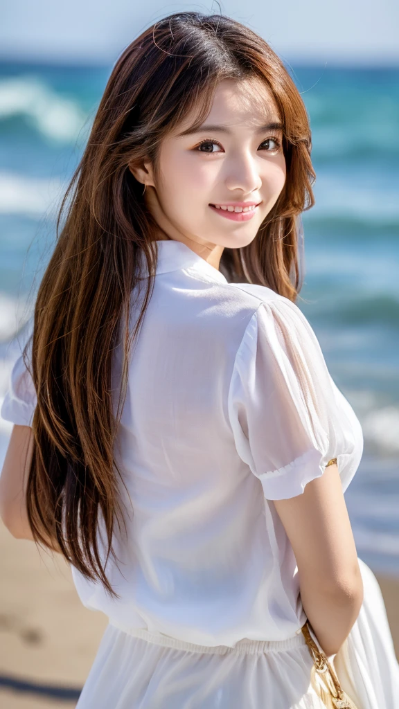 Tabletop、(Highest quality、4K、8K、High resolution、Masterpiece: 1.2)、Super detailed、(Real、Photorealistic、Photorealistic: 1.37)、Full Body Shot、Complex and beautiful eyes、woman、long hair、Natural color lip、whiteTshirt、Bold and sexy pose、smile、Ocean、20 year old girl、A cute and sexy shot looking straight at the camera。