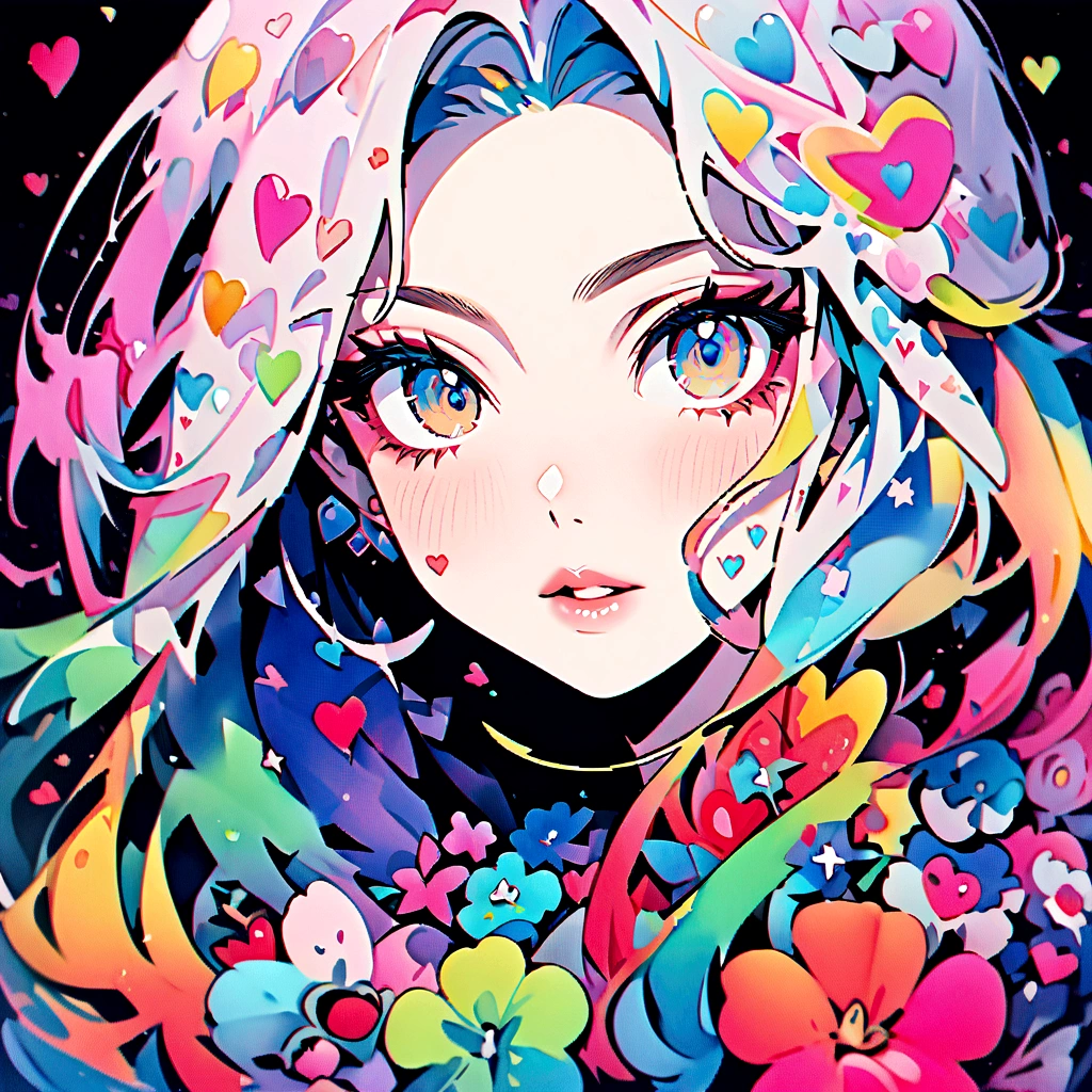 Ekwekure Style、(((stylishなファッション))), 8K quality、Intense watercolor, detailedな水彩アート, Watercolor splash, Surreal, Avant-garde pop art, Beautiful and expressive paintings, Beautiful artwork illustration, Very colorful tones, wonderful, Cool Beauty, Highest quality、Official Art, Vector art, stylish design, (((The most beautiful girl))), (((Highest quality))), High resolution, ((detailed)), (((Doodle Art)), ((masterpiece)), ((Super detailed)), (((Colorful flowers))), Colorful Hearts, (((stylish))), Lips in Love