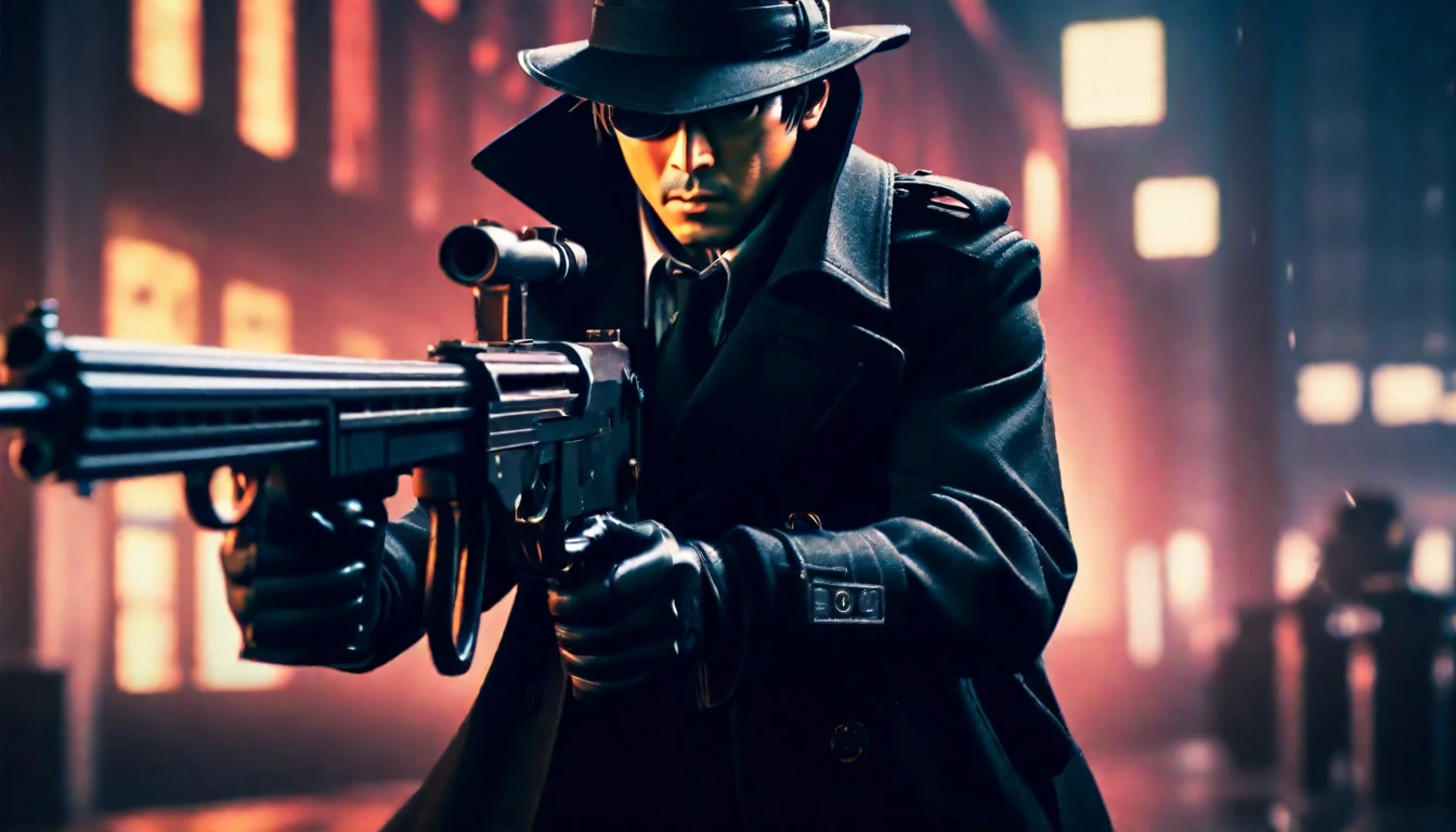 score_9, score_8_up, score_7_up, source_anime, detailed, 8k, cinematic angle, rating from side, safe, Wide-angle lens, a man in Black Trench Coat is holding a submachine gun to viewer,