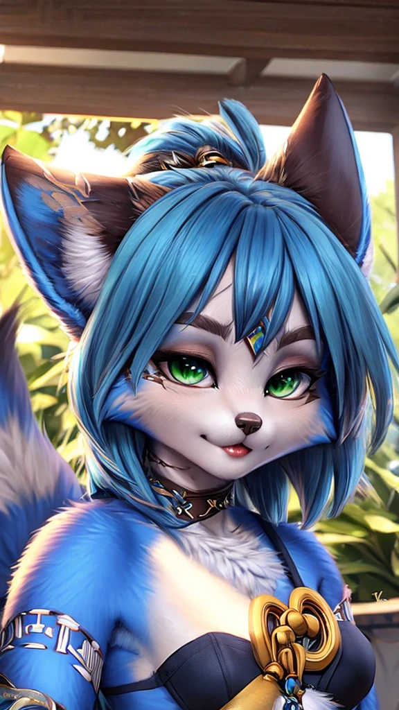 A beautiful and detailed (sweet portrait) wa ((Krystal)), Star Fox Krystal, sslim, lovable, green eyes, medium breasts, (((Long blue hair 1.3))), Decollete, anthro, furry, Uploaded E621, detailed fluffy fur, (wa Fluff-Kevlar, Bayard Wu, Personalami, Pino Daeni), detailed face, (fluffy), 1 girl, alone, sweet girl, 
