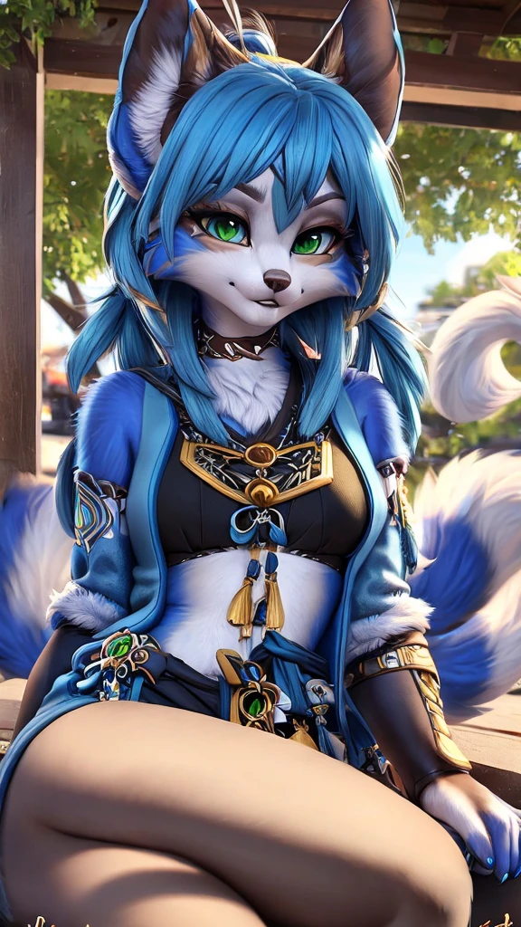 A beautiful and detailed (sweet portrait) wa ((Krystal)), Star Fox Krystal, sslim, lovable, green eyes, medium breasts, (((Long blue hair 1.3))), Decollete, anthro, furry, Uploaded E621, detailed fluffy fur, (wa Fluff-Kevlar, Bayard Wu, Personalami, Pino Daeni), detailed face, (fluffy), 1 girl, alone, sweet girl, 
