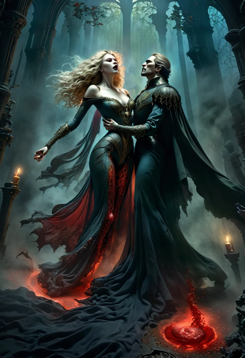 dark fantasy, dramatic lighting, full body shot, wide angle,dynamic angle, deep shadows, a female vampire and her thrall, extremely detailed skin, perfect blond wavy hair, (A female vampire and her thrall, she is using her paranormal powers to shift blood in the atmosphere, making the blood translocate around the environment), (the female vampire is trying to reach her thrall's neck with her hand, absorbing the thrall's blood from afar), hemokinesis, (there are lots of blood strings floating around the environment), she is wearing a very intricate biological exoskeleton, (the female vampire's lower body is vanishing, becoming black mist), the scene unfolds in a dungeon dimly illuminated by a red glow, red energy lines, pale blue and olive hues, mystical energy, moody atmosphere, cinematic composition, Yoshitaka Amano style