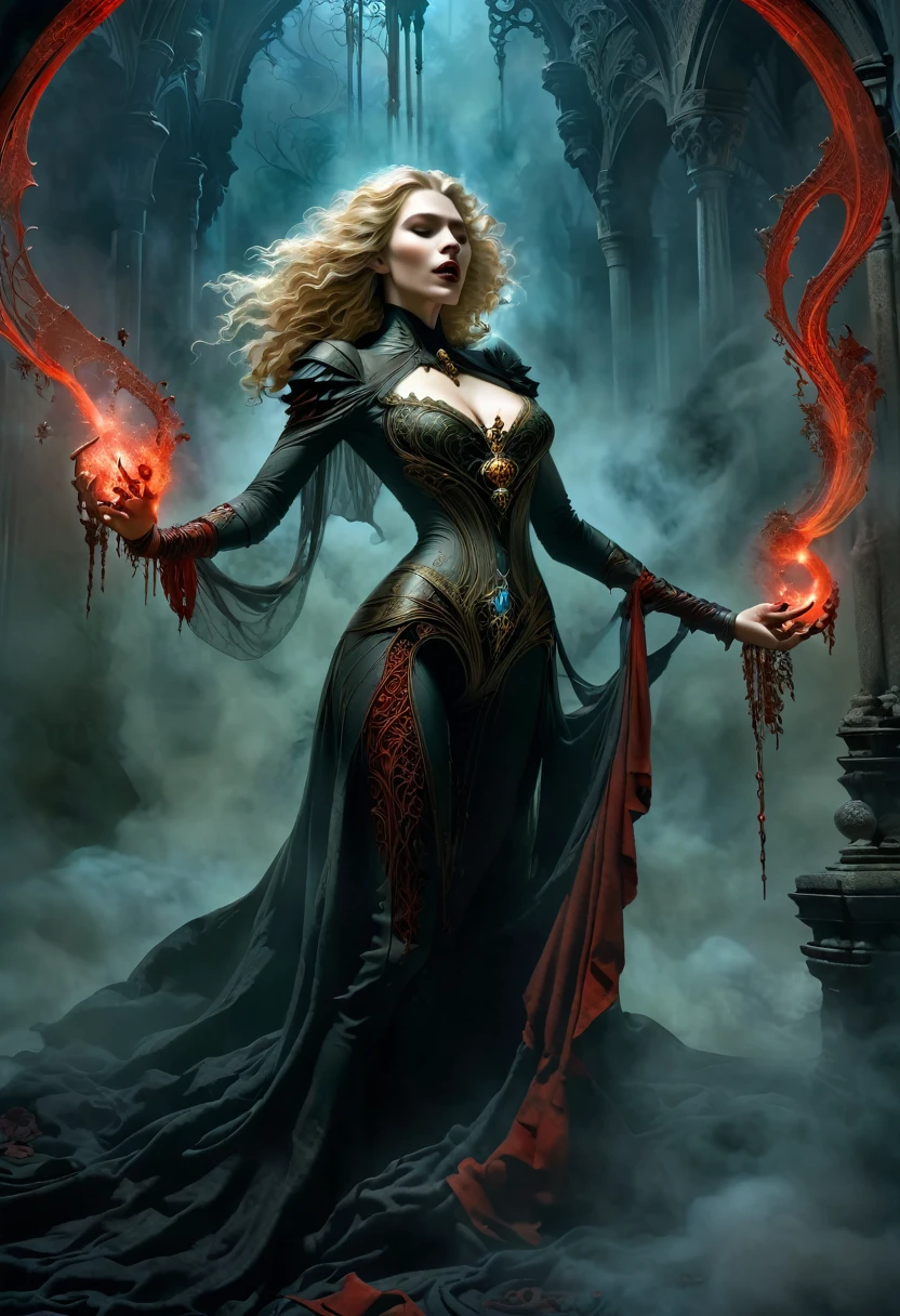 dark fantasy, dramatic lighting, full body shot, wide angle,dynamic angle, deep shadows, a female vampire and her thrall, extremely detailed skin, perfect blond wavy hair, (A female vampire and her thrall, she is using her paranormal powers to shift blood in the atmosphere, making the blood translocate around the environment), (the female vampire is trying to reach her thrall's neck with her hand, absorbing the thrall's blood from afar), hemokinesis, (there are lots of blood strings floating around the environment), she is wearing a very intricate biological exoskeleton, (the female vampire's lower body is vanishing, becoming black mist), the scene unfolds in a dungeon dimly illuminated by a red glow, red energy lines, pale blue and olive hues, mystical energy, moody atmosphere, cinematic composition, Yoshitaka Amano style