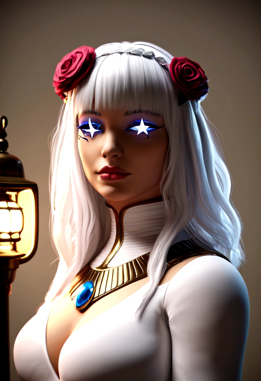 (best quality,4k,8k,highres,masterpiece:1.2),ultra-detailed,realistic,norwegian girl,white hair,white outfit,pharaoh haircut,roses in hair,detailed eyes, clothe of goddess, detailed lips,star under one eye, night background, street lamps lighting up the scene