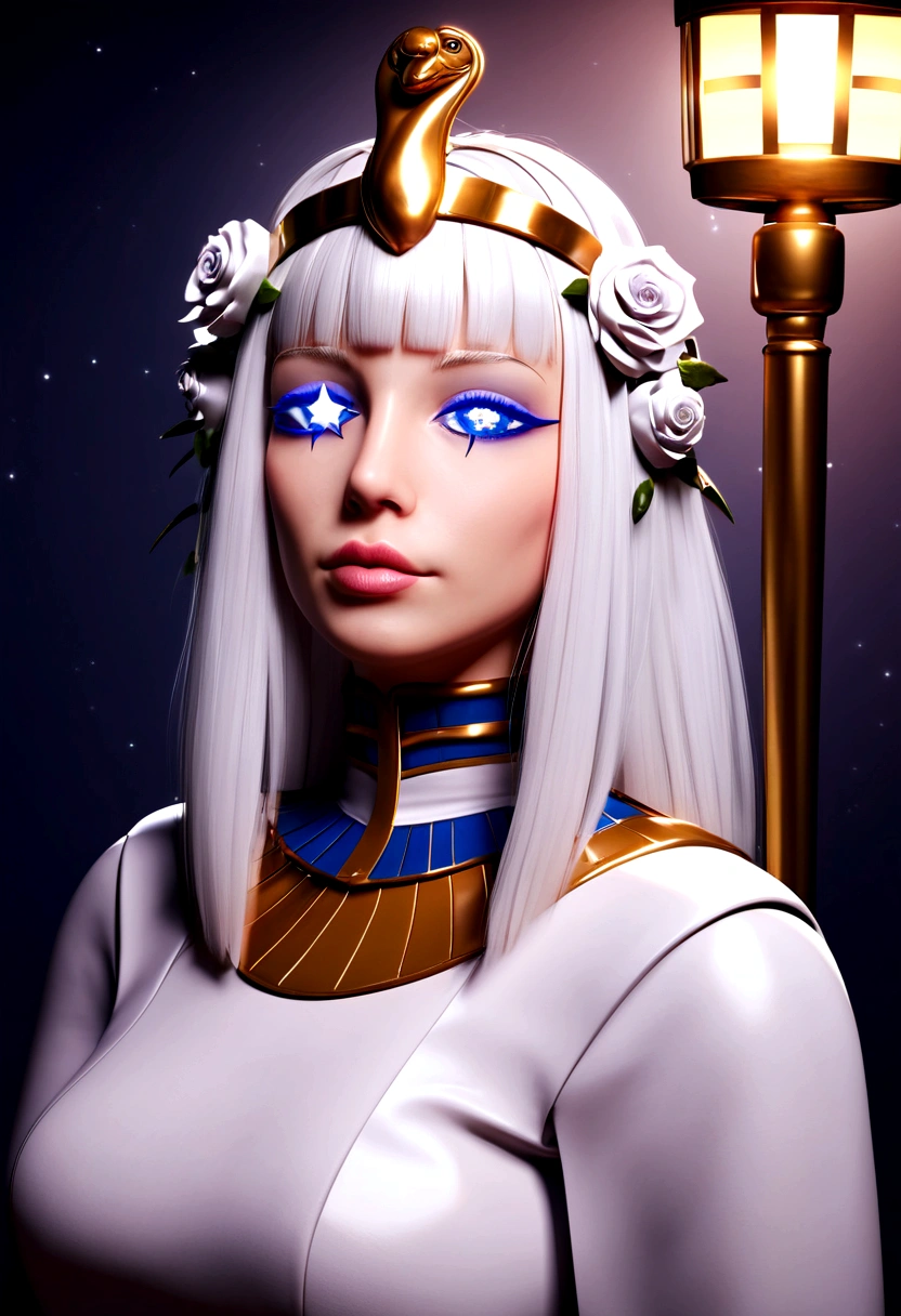(best quality,4k,8k,highres,masterpiece:1.2),ultra-detailed,realistic,norwegian girl,white hair,white outfit,pharaoh haircut,roses in hair,detailed eyes, clothe of goddess, detailed lips,star under one eye, night background, street lamps lighting up the scene