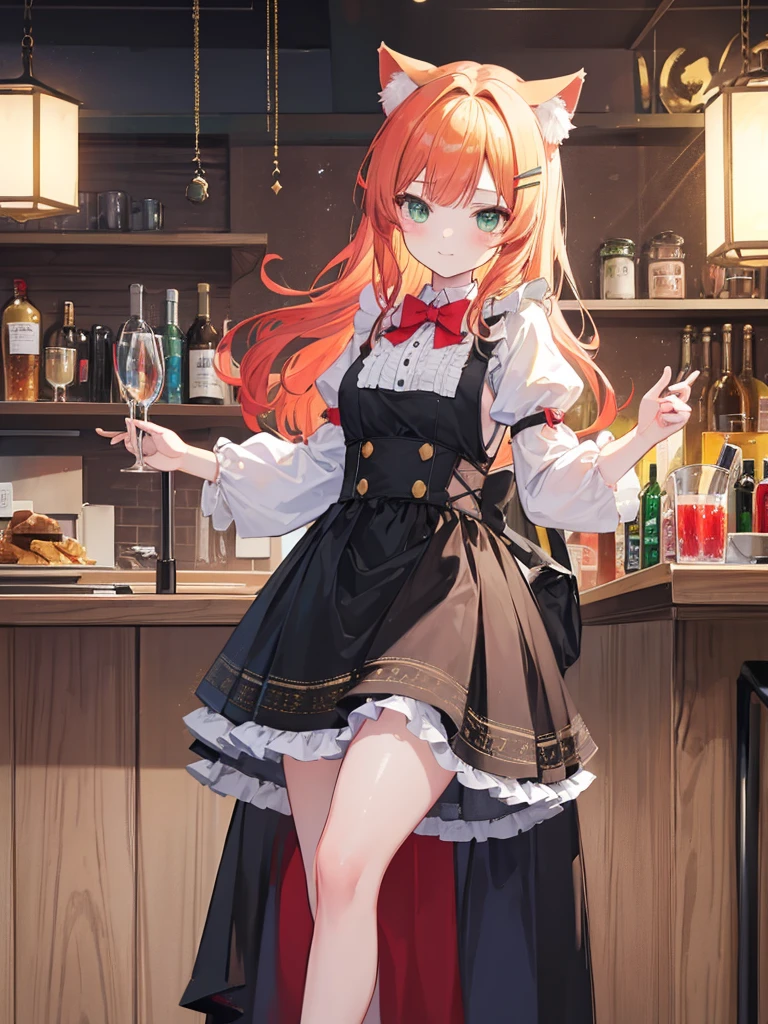 1girl, li, maid outfit, short golden blonde hair, red hair clip, emerald green eyes, cat ears, neko mimi, cute sweet smile, extremely detailed anime style, best quality, 4k, 8k, highres, masterpiece:1.2, ultra-detailed, HDR, UHD, studio lighting, ultra-fine painting, sharp focus, physically-based rendering, extreme detail description, professional, vivid colors, bokeh, inside bar,