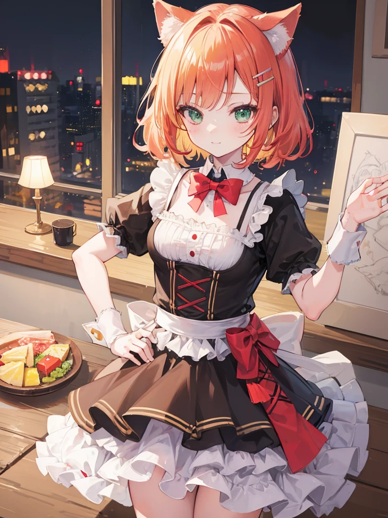 1girl, loli, maid outfit, short golden blonde hair, red hair clip, emerald green eyes, cat ears, neko mimi, cute sweet smile, extremely detailed anime style, best quality, 4k, 8k, highres, masterpiece:1.2, ultra-detailed, HDR, UHD, studio lighting, ultra-fine painting, sharp focus, physically-based rendering, extreme detail description, professional, vivid colors, bokeh, inside bar,